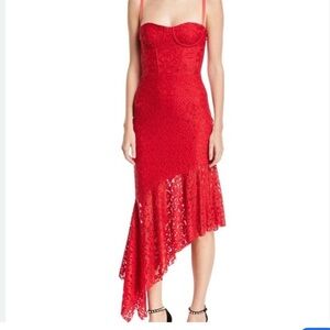 Milly Womens Angelina Asymmetric Stretch Lace Midi Dress Red Bustier Size 10